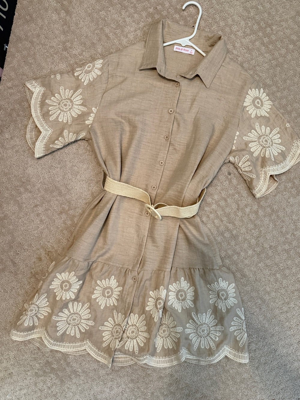 Beige Embroidered Button-Front Casual Dress with Belt